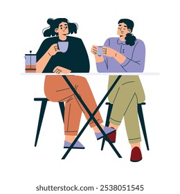 Woman in the Cafe Sitting at Table Enjoy Drink and Communicate Vector Illustration