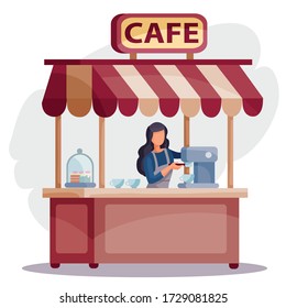 woman in a cafe stands at the cash register and makes coffee, isolated object on a white background, vector illustration,