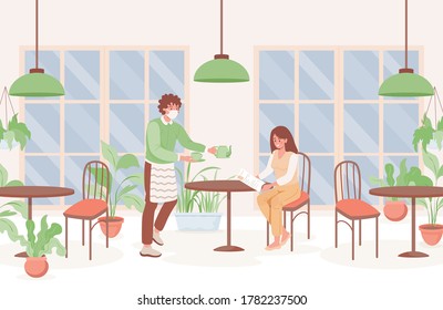 Woman in cafe vector flat illustration. Waiter in mask hold cup of tea and teapot, woman in respiratory mask reading menu or newspaper. Preventive measures and new normal after Coronavirus outbreak.