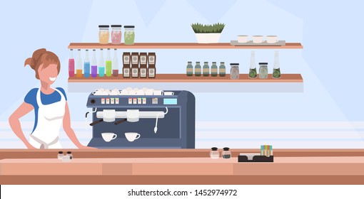 woman cafe waitress barista in apron standing at counter desk modern coffee shop interior flat portrait horizontal