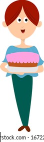 Woman with cake, illustration, vector on white background.