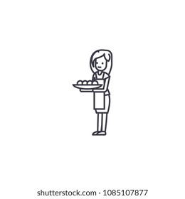 woman with a cake vector line icon, sign, illustration on background, editable strokes