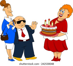 woman with cake welcomes visitors, vector and illustration