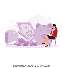 A woman calculates finances and records them in a book. Background of pig piggy bank and money around it. Investment And Stock Scene concept. Trend Modern vector flat illustration