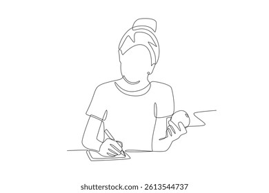 Woman calculates nutritional content in fruit. Balanced Nutrition concept one-line drawing