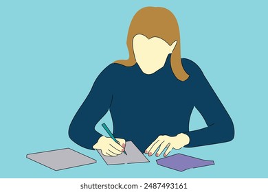 
woman calculating with a calculator and taking notes, flat illustration.