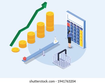 Woman Calculating The Cost Of Food Prices Isometric 3d Vector Concept For Banner, Website, Illustration, Landing Page, Flyer, Etc.