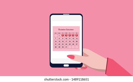 Woman Calculating Her Ovulation Days In A Mobile App. Vector Illustration.