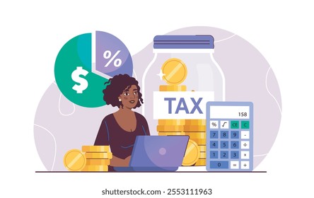 Woman calculating income. Businesswoman with laptop, calculator, diagram and jar with golden coins. Accounting and budgeting, financial literacy. Flat vector illustration isolated on white background