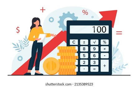 Woman with calculator. Character calculates finances and family budget. Estimation of profit and expenses of company, analytical department, successful entrepreneur. Cartoon flat vector illustration