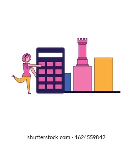 woman with calculator, graphic chart and rook piece over white background, vector illustration