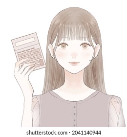 Woman with calculator. On a white background.