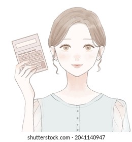 Woman with calculator. On a white background.