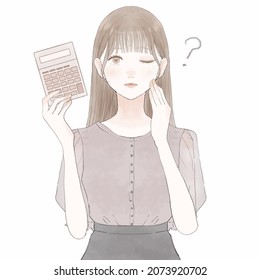 Woman with calculator, questioning. On white background.