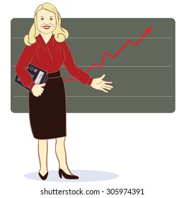 A woman with a calculator stands near the diagram of the arrow. Vector illustration. Concept