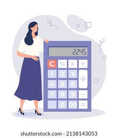 Woman with calculator. Young girl with computing device. Mathematician, accountant or employee of analytical department, manager. Poster or banner for website. Cartoon flat vector illustration