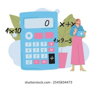 Mujer con calculadora. Niña considera fórmulas matemáticas con calculadora. Contabilidad y presupuestos, conocimientos financieros. Ilustración vectorial plana aislada sobre fondo blanco