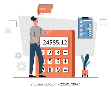 Woman with calculator. Young girl enters mathematical formulas. Poster or banner. Financial literacy, calculation of expenses and income, accountant planning budget. Cartoon flat vector illustration