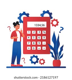 Woman with calculator. Young girl makes calculations, analytical department evaluates expenses and income. Budgeting, financial literacy, manager at workplace. Cartoon flat vector illustration