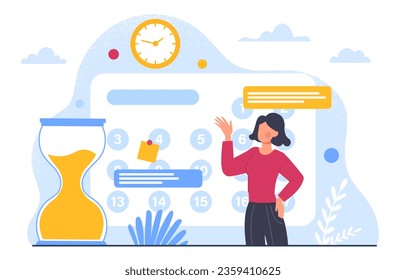 Woman with calendar concept. Young girl near hourglass. Planning and scheduling. Time management and efficient workflow organization. Harworking employee. Cartoon flat vector illustration