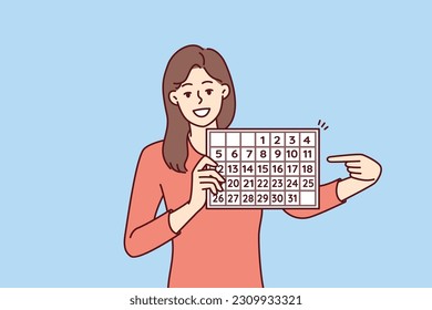 Woman with calendar points finger at dates suggesting to do planning and time management to increase productivity. Girl with calendar for planning vacation or choosing convenient date for travel