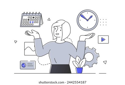 Woman with calendar simple. Young girl with planning and scheduling, time management. Organizing efficient work process. Doodle flat vector illustration isolated on white background