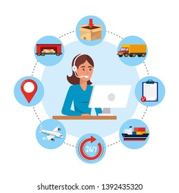 woman call center agent with computer and delivery service