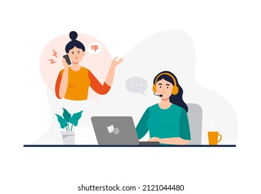 A woman from a call center can not dealing with a customer problem. Online global technical support 24 7. Customer support department staff, telemarketing agents. Vector flat illustration.