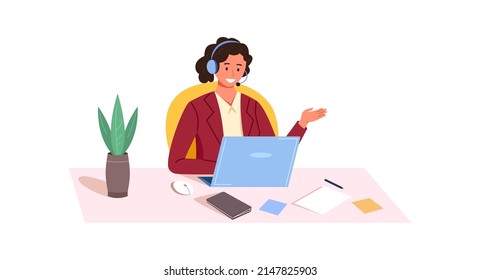 Woman call center operator. Consultant talking phone with laptop, vector illustration isolated on white background