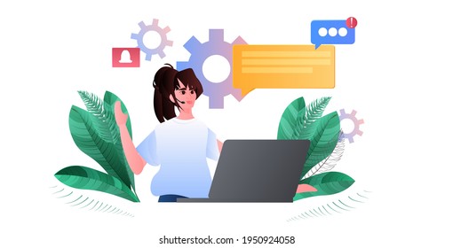 woman call center operator in headset discussing with clients online support customer service concept