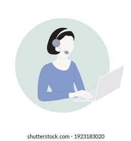 Woman call center operator icon. Woman with microphone and notebook on round background art design stock vector illustration for web, for print