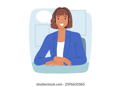 Woman call center operator smiles, sitting at office desk, using headset to consult clients via IP telephony. Girl customer support operator looks at screen, happy to work in hotline