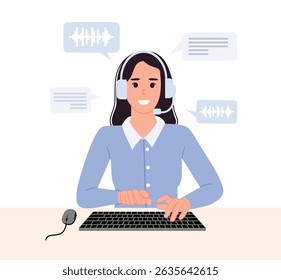 A woman call center worker in headphones is working.