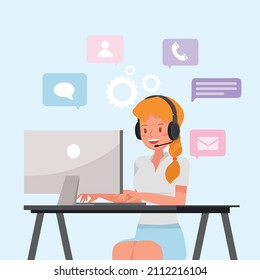 Woman call center workers in headphones and sitting in office. Customer service, hotline operators, support department staff, technical support. people character vector design.