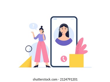 A woman call to a customer support. Live chat, hotline operators. Customer support department staff, telemarketing agents. Online global technical support 24 7 concept. Vector flat illustration.