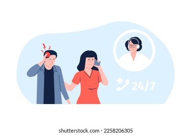 Woman call to emergency for husband or son. Man with headache, sick flu or virus. Hospital hotline, round the clock medical support, vector concept