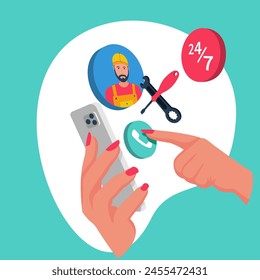 Woman call on the phone. Call repairman through app on smartphone. Vector illustration flat design. Isolated on white background.