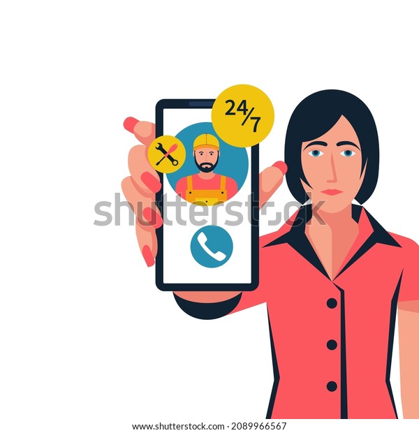 Woman call on the phone. Call repairman\
through app on smartphone. Vector illustration flat design.\
Isolated on white\
background.