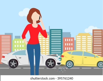 Woman calling after car crash in the city. Minimal flat vector illustration for print or web. City landscape. Urban