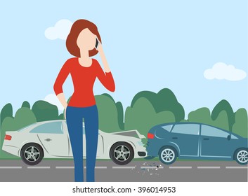 Woman calling after car crash in the forest road, route. Minimal flat vector illustration for web or print. Country landscape. Nature