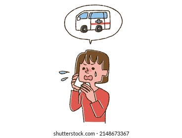 A woman calling an ambulance on the phone Comical handwritten person Vector, line drawing in color