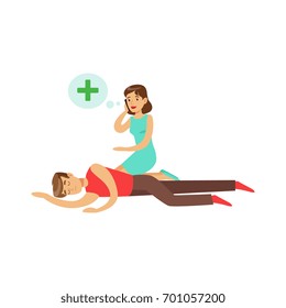 Woman calling by mobile for help to young unconscious man vector Illustration