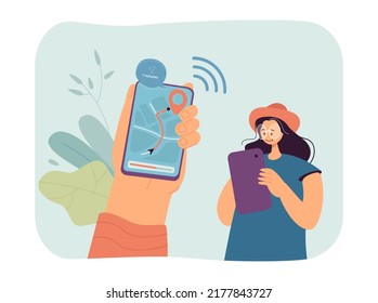 Woman calling cab by mobile phone flat vector illustration. Girl waiting for taxi. Internet, transportation, service, connection concept for banner, website design or landing web page