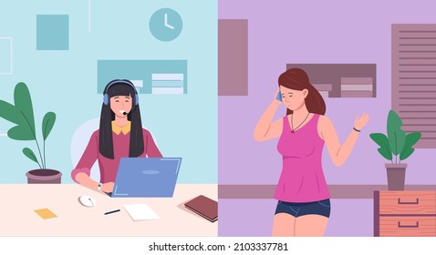 Frau, die den Kundensupport anruft. Zentraler Beratungsservice, Gespräch mit dem Telefonzentrum, Vektorgrafik. Support-Frau Client, Kundenzentrum