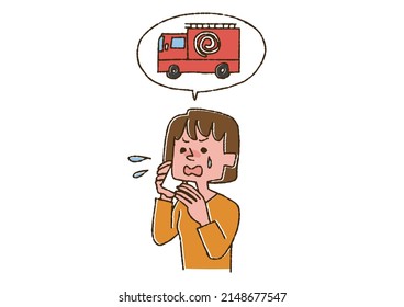 A woman calling a fire engine over the phone Comical handwritten person Vector, line drawing in color