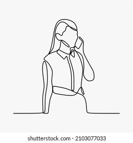 mujer que llama al teléfono móvil en línea de línea continua en línea única