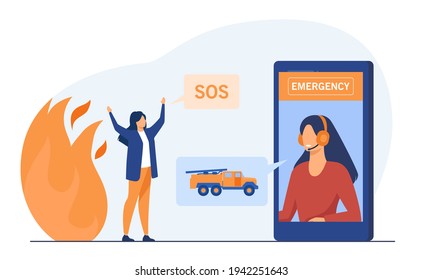 Mujer pidiendo ayuda para el servicio de emergencia. Fuego, SOS, smartphone con ilustración vectorial plana. Concepto de extinción de incendios y rescate para banner, diseño de sitios web o página web de aterrizaje