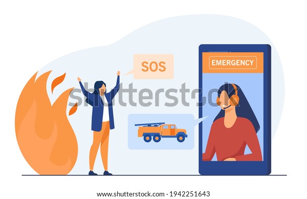 Woman calling for help\
to emergency service. Fire, SOS, smartphone flat vector\
illustration. Firefighting and rescue concept for banner, website\
design or landing web\
page