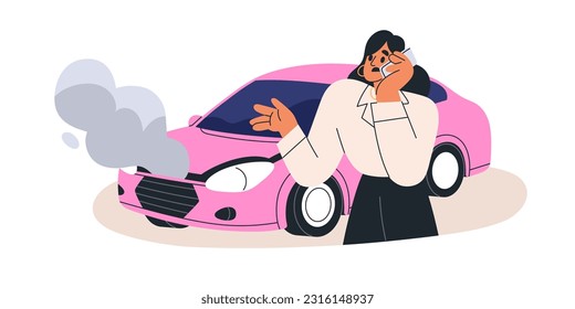 Woman calling for help, talking on mobile phone after car accident. Driver speaking on smartphone with repair service near broken damaged auto. Flat vector illustration isolated on white background