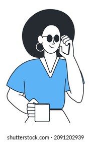 Woman calling home from vacation. Girl in sunglasses and sun hat talking on phone